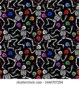 Seamless pattern. Skeletons dancing at a party. Human skeletons in various poses. For print on t-shirt and more. Happy Halloween!