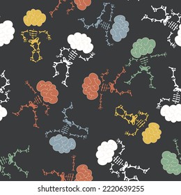 Seamless pattern. Skeletons dancing at a party. Human skeletons in various poses. Isolated on black background. For tattoo, print on t-shirt and more. Happy Halloween Vector illustration.