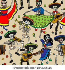 Seamless pattern with skeletons. Day of the Dead (Dia de Los Muertos). The skeleton dance. 