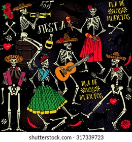 Seamless pattern and skeletons  Day the Dead (Dia de los Muertos)  The skeleton dance  