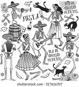 Seamless pattern with skeletons. Day of the Dead (Dia de los Muertos). The skeleton dance.