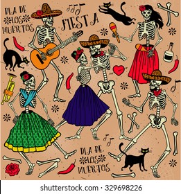 Seamless pattern and skeletons  Day the Dead (Dia de los Muertos)  The skeleton dance  Part two 
