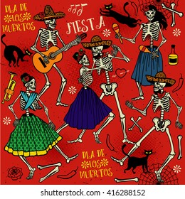 Seamless pattern and skeletons  Day the Dead (Dia de los Muertos)  The skeleton dance 