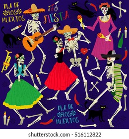 Seamless pattern and skeletons  Day the Dead (Dia de los Muertos)  The skeleton dance 