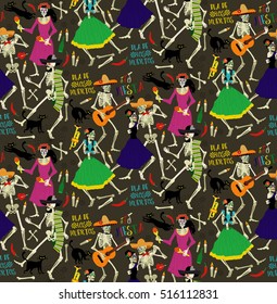 Seamless pattern with skeletons. Day of the Dead (Dia de los Muertos). The skeleton dance.