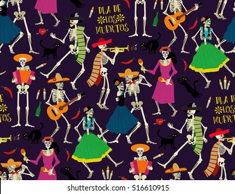Seamless pattern with skeletons. Day of the Dead (Dia de los Muertos). The skeleton dance.