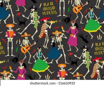 Seamless pattern with skeletons. Day of the Dead (Dia de los Muertos). The skeleton dance.