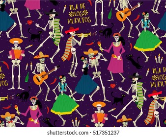 Seamless pattern with skeletons. Day of the Dead (Dia de los Muertos). The skeleton dance.