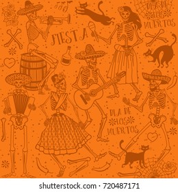 Seamless pattern with skeletons. Day of the Dead (Dia de los Muertos). The skeleton dance