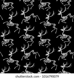 Seamless pattern. Skeletons of deer on a black background. Great for printing on T-shirts, for tattoos and more. Ideal for decoration of Halloween and the Day of the Dead.