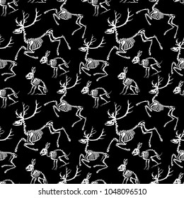 Seamless pattern. Skeletons of deer and rabbits. Anatomy of animals. Great for printing on T-shirts, for tattoos and more. Ideal for decoration of Halloween and the Day of the Dead.