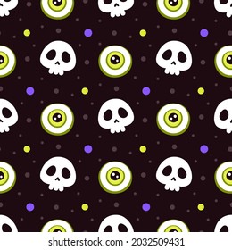 seamless pattern with skeletons and evil eyes for halloween, simple flat design on black background