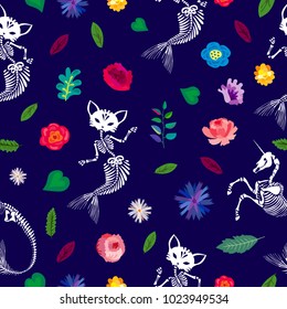 Seamless pattern. Skeletons of fairy animals, mermicorn and mermicat (purrmaid) among flowers. Can be used for t-short print, poster or card. Ideal for Halloween, the Day of the Dead and more.