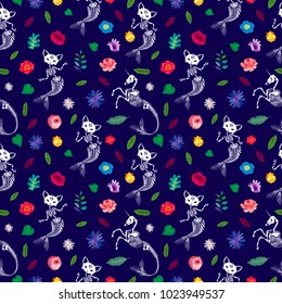 Seamless pattern. Skeletons of fairy animals, mermicorn and mermicat (purrmaid) among flowers. Ideal for Halloween, the Day of the Dead and more.