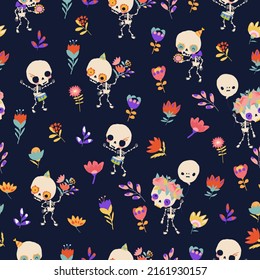 Seamless Pattern with Skeletons and Flowers. Happy Crazy Halloween