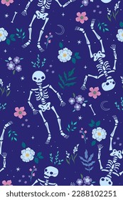 Seamless pattern with skeletons and flowers. Vector graphics.