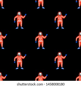 Seamless pattern. Skeletons in jumpsuits. Illustration for Halloween. Human skeleton in orange jumpsuit. Isolated on black background.
