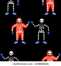 Seamless pattern. Skeletons in jumpsuits. Illustration for Halloween. Human skeleton in orange jumpsuit. Black background.