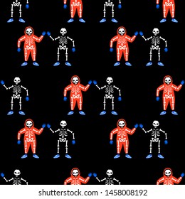 Seamless pattern. Skeletons in jumpsuits. Illustration for Halloween. Human skeleton in orange jumpsuit. Black background. Happy Halloween!