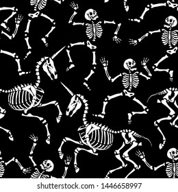 Seamless pattern. Skeletons of a man and a unicorn are dancing at a party. Human skeletons in various poses. Set for halloween. For tattoo, print on t-shirt and more. Happy Halloween!
