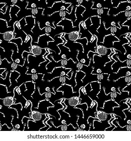 Seamless pattern. Skeletons of a man and a unicorn are dancing at a party. Human skeletons in various poses. For tattoo, print on t-shirt and more. Happy Halloween!