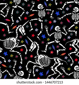 Seamless pattern. Skeletons of a man and a unicorn are dancing at a party. Human skeletons in various poses. For tattoo, print on t-shirt and more. Happy Halloween!