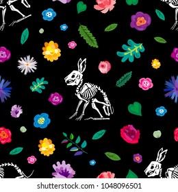 Seamless pattern. Skeletons of rabbits in a flower garden. Great for printing on T-shirts, for tattoos and more. Ideal for decoration of Halloween and the Day of the Dead.