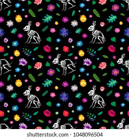 Seamless pattern. Skeletons of rabbits in a flower garden. Skulls, bones and flowers. Great for printing on T-shirts, for tattoos and more. Ideal for decoration of Halloween and the Day of the Dead.