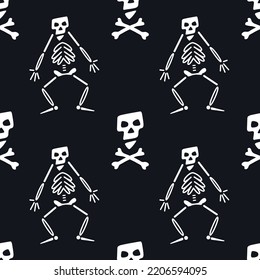 Seamless pattern with skeletons, skulls and bones. Black and white drawing for printing on packaging and textiles. Elements for design decoration on the theme of pirate adventures or Halloween.