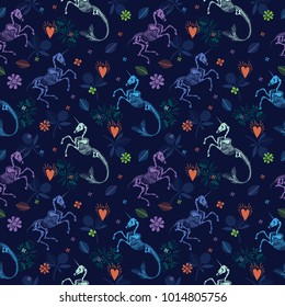 Seamless pattern. Skeletons of unicorn and mermicorn among flowers. leaves and hearts. Fairy tale print.