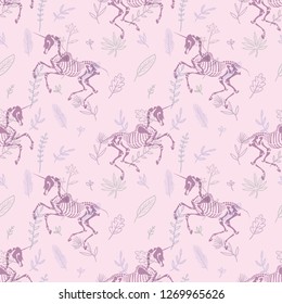 Seamless pattern. Skeletons of unicorns among flowers and herbs. Halloween illustration.