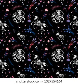 Seamless pattern. Skeletons of unicorns among floral wreaths and garlands. Beautiful wildflowers. Summer meadow. Night bloom. Hand drawn illustration for Halloween and more.