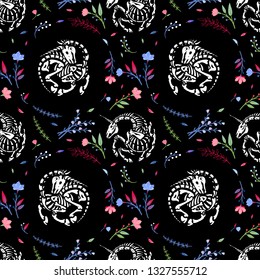 Seamless pattern. Skeletons of unicorns among floral wreaths and garlands. Beautiful wildflowers. Night bloom. Hand drawn illustration for Halloween. Isolated on black background.