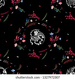 Seamless pattern. Skeletons of unicorns among red floral wreaths and garlands isolated on black background. Beautiful wildflowers. Night bloom. For Halloween and more.