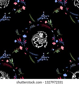 Seamless pattern. Skeletons of unicorns among floral wreaths and garlands isolated on black background. Beautiful wildflowers. Night bloom. For Halloween and more.