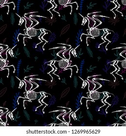 Seamless pattern. Skeletons of unicorns and pegasus among flowers and herbs. Halloween illustration.