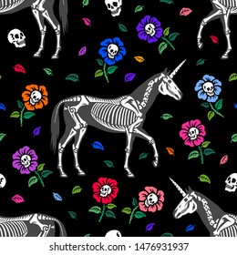 Seamless pattern. Skeletons of unicorns walking among flowers. Flowers with skulls and magical creatures. Great for greeting cards, invitations, T-shirts and more. Happy Halloween!