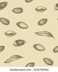 Seamless pattern sketch of almond in brown shades.