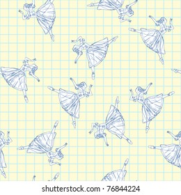 Seamless pattern with sketch ballerina in a writing-book. Vector illustrator.