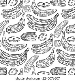 Seamless pattern with sketch bananas in black color isolated on white background