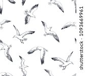 seamless pattern - sketch black and white gulls, cormorants and seagulls hovering over the sea. Vector wallpaper with sea theme.