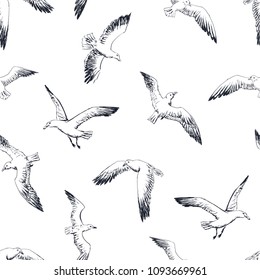 seamless pattern - sketch black and white gulls, cormorants and seagulls hovering over the sea. Vector wallpaper with sea theme.