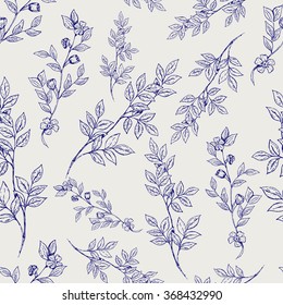 Seamless pattern of sketch branch. Ball pen drawing branch of flowers and leaves. Hand drawn foliage branch background. Nature texture for wrapping, prints, wallpaper, web