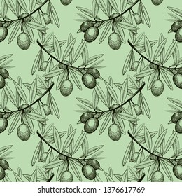seamless pattern sketch branch of olive tree with fruits on a green background