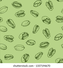 Seamless pattern sketch brown pecan in green shades.