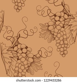 seamless pattern with sketch bunch of grapes on brown background