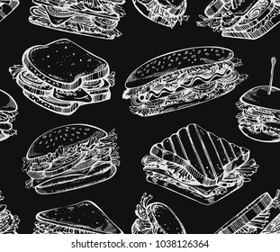 Seamless pattern with sketch burgers on the black background