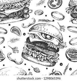 Seamless pattern with sketch burgers on the white background