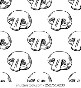 Seamless pattern, sketch of champignon mushroom,cut, piece engraving . black and white line drawing by hand 