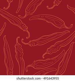 Seamless pattern of sketch chili peppers on red background, vector illustration